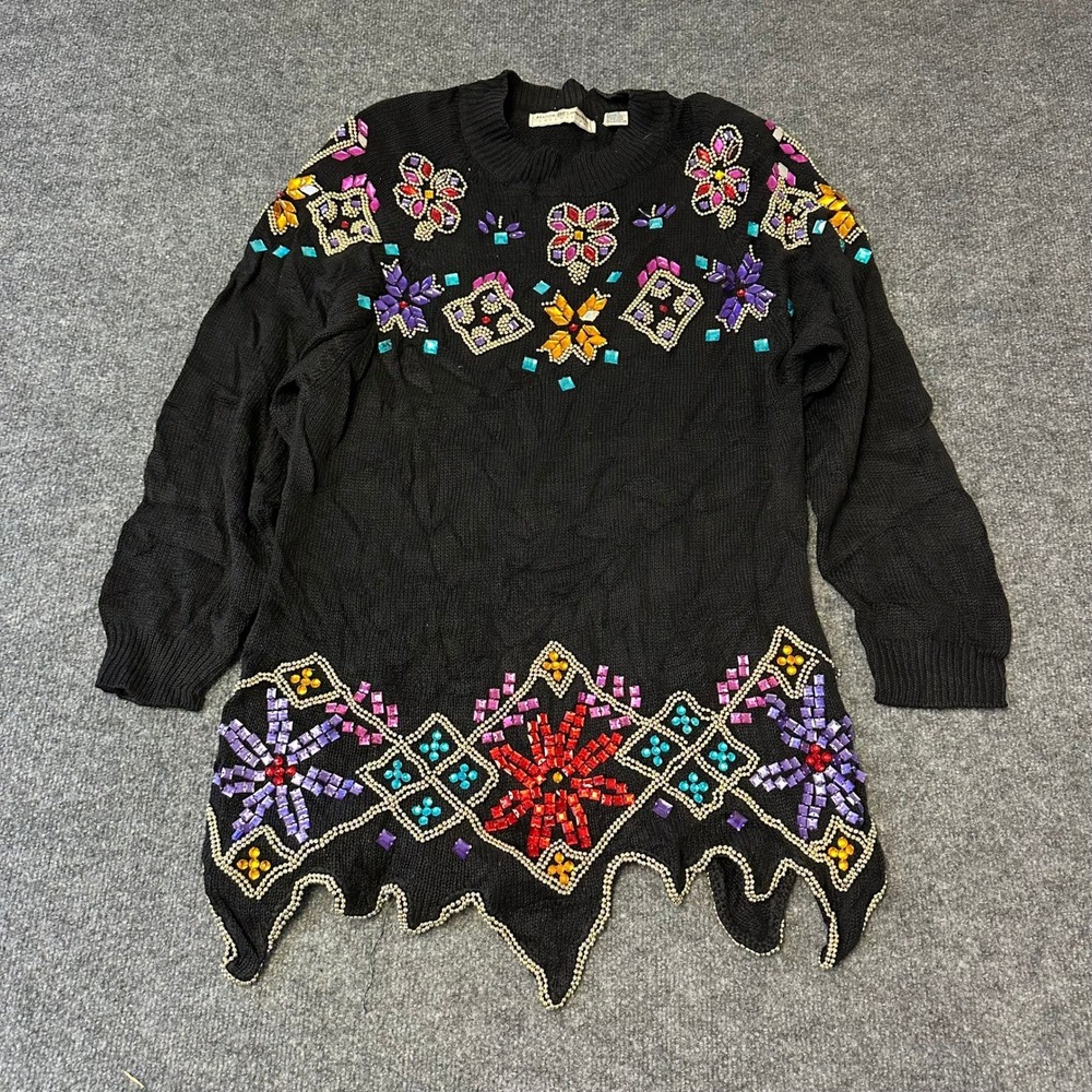 Maggie Lawrence Sweater Womens Size 14/16 Black Beaded Sequin Sharkbite Hem Knit